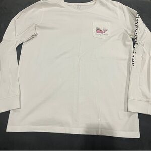 Kids Vineyard Vines White Long Sleeve Pocket Tee with Pink Whale Pocket Graphic